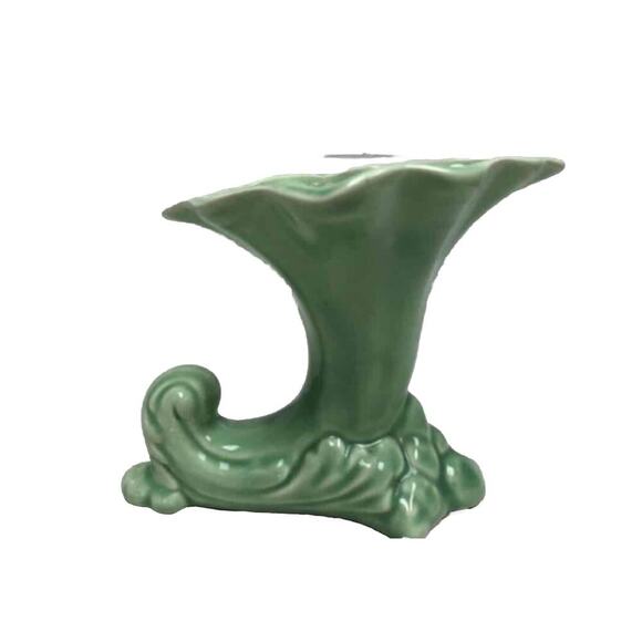 1950s Cameron Clay Horn of Plenty Cornucopia Art Pottery Green Vase USA Unmarked - Picture 2 of 6